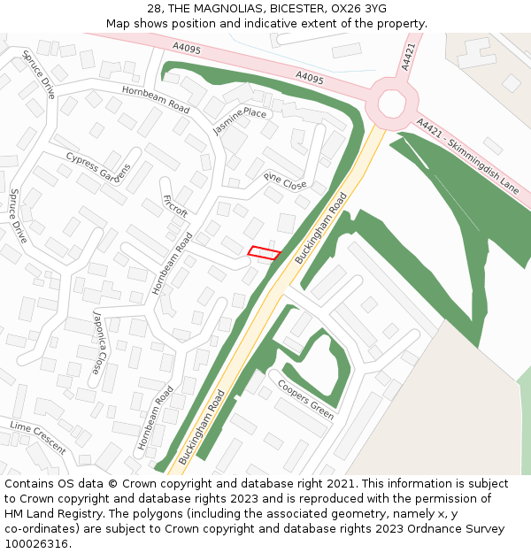 28, THE MAGNOLIAS, BICESTER, OX26 3YG: Location map and indicative extent of plot