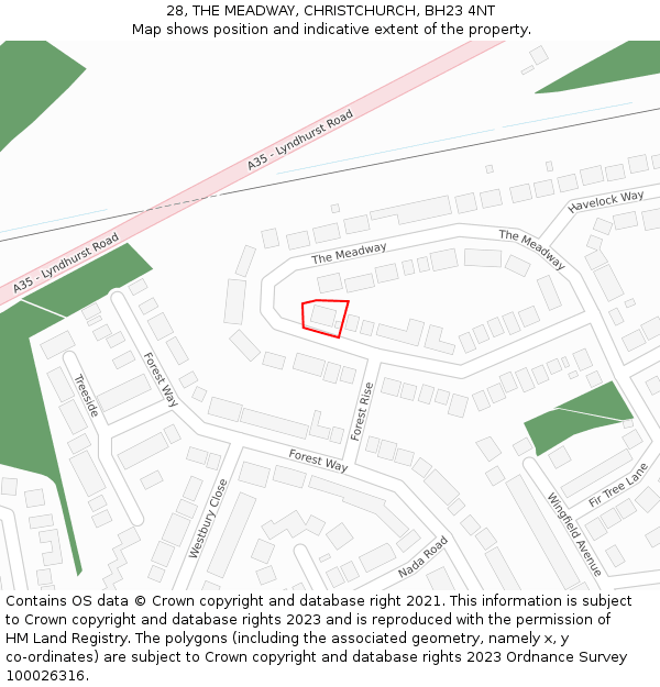28, THE MEADWAY, CHRISTCHURCH, BH23 4NT: Location map and indicative extent of plot