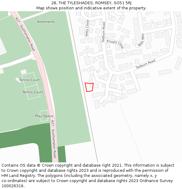 28, THE TYLESHADES, ROMSEY, SO51 5RJ: Location map and indicative extent of plot