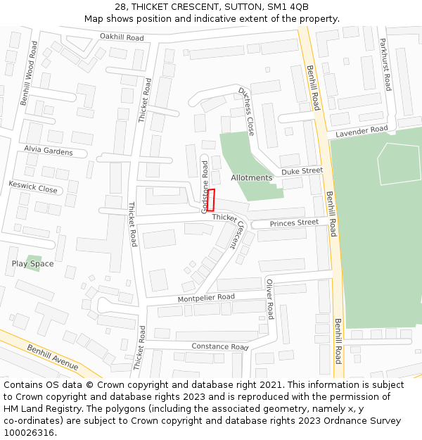 28, THICKET CRESCENT, SUTTON, SM1 4QB: Location map and indicative extent of plot