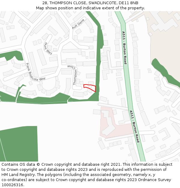 28, THOMPSON CLOSE, SWADLINCOTE, DE11 8NB: Location map and indicative extent of plot