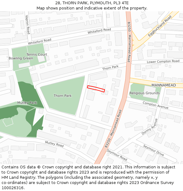 28, THORN PARK, PLYMOUTH, PL3 4TE: Location map and indicative extent of plot