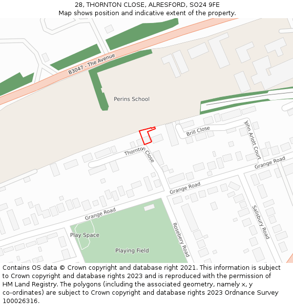 28, THORNTON CLOSE, ALRESFORD, SO24 9FE: Location map and indicative extent of plot