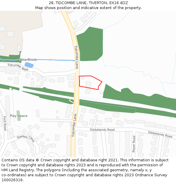 28, TIDCOMBE LANE, TIVERTON, EX16 4DZ: Location map and indicative extent of plot