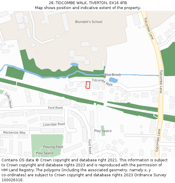 28, TIDCOMBE WALK, TIVERTON, EX16 4FB: Location map and indicative extent of plot