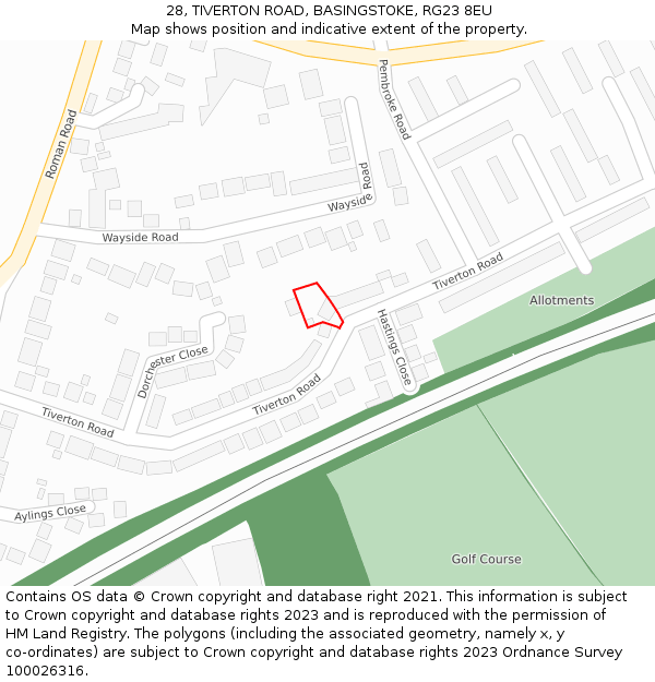 28, TIVERTON ROAD, BASINGSTOKE, RG23 8EU: Location map and indicative extent of plot