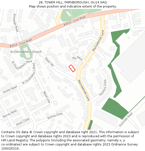 28, TOWER HILL, FARNBOROUGH, GU14 0AQ: Location map and indicative extent of plot