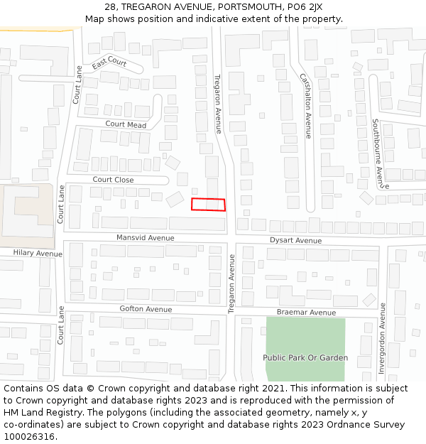 28, TREGARON AVENUE, PORTSMOUTH, PO6 2JX: Location map and indicative extent of plot