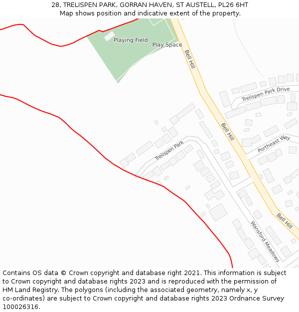 28, TRELISPEN PARK, GORRAN HAVEN, ST AUSTELL, PL26 6HT: Location map and indicative extent of plot