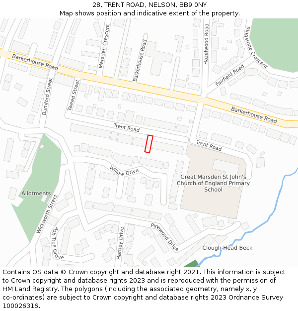 28, TRENT ROAD, NELSON, BB9 0NY: Location map and indicative extent of plot