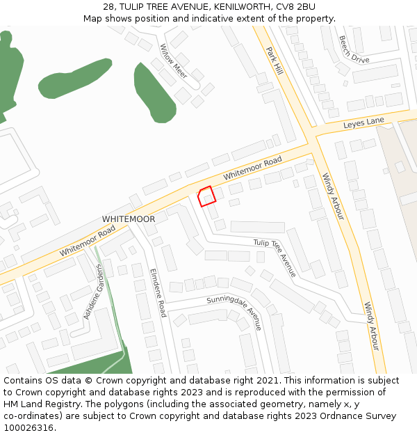 28, TULIP TREE AVENUE, KENILWORTH, CV8 2BU: Location map and indicative extent of plot