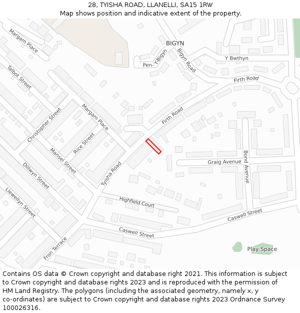 28, TYISHA ROAD, LLANELLI, SA15 1RW: Location map and indicative extent of plot