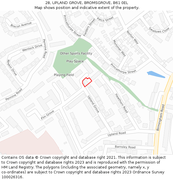 28, UPLAND GROVE, BROMSGROVE, B61 0EL: Location map and indicative extent of plot