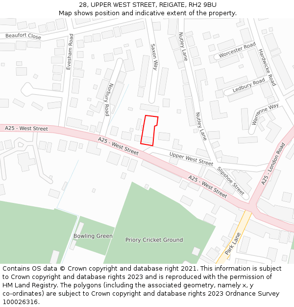 28, UPPER WEST STREET, REIGATE, RH2 9BU: Location map and indicative extent of plot