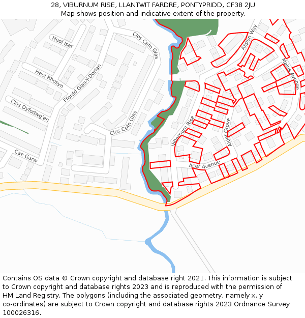 28, VIBURNUM RISE, LLANTWIT FARDRE, PONTYPRIDD, CF38 2JU: Location map and indicative extent of plot