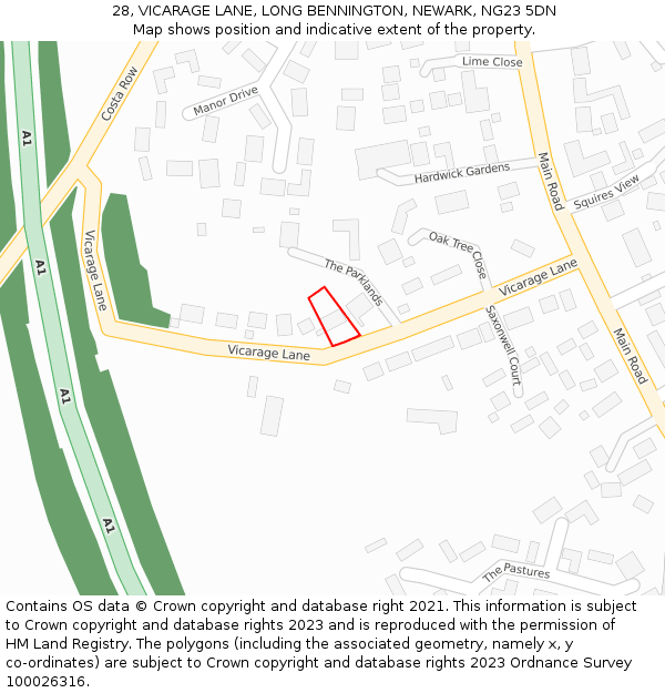 28, VICARAGE LANE, LONG BENNINGTON, NEWARK, NG23 5DN: Location map and indicative extent of plot