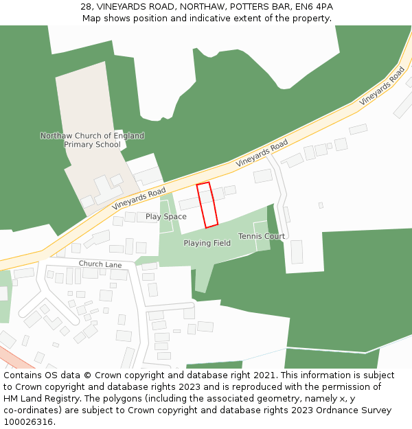 28, VINEYARDS ROAD, NORTHAW, POTTERS BAR, EN6 4PA: Location map and indicative extent of plot