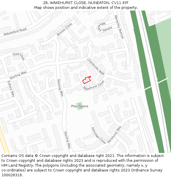 28, WAKEHURST CLOSE, NUNEATON, CV11 4YF: Location map and indicative extent of plot