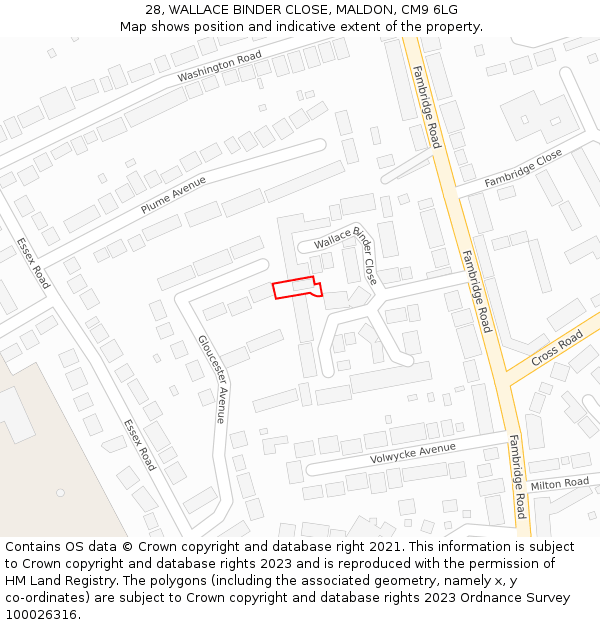 28, WALLACE BINDER CLOSE, MALDON, CM9 6LG: Location map and indicative extent of plot