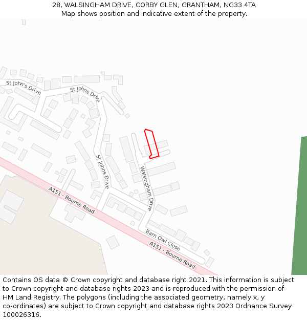 28, WALSINGHAM DRIVE, CORBY GLEN, GRANTHAM, NG33 4TA: Location map and indicative extent of plot