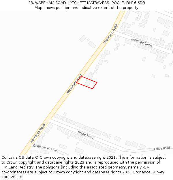 28, WAREHAM ROAD, LYTCHETT MATRAVERS, POOLE, BH16 6DR: Location map and indicative extent of plot