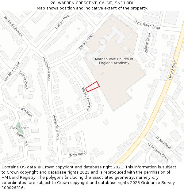 28, WARREN CRESCENT, CALNE, SN11 9BL: Location map and indicative extent of plot