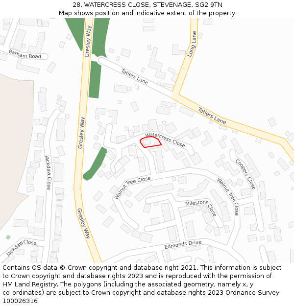 28, WATERCRESS CLOSE, STEVENAGE, SG2 9TN: Location map and indicative extent of plot