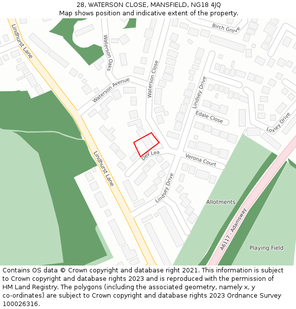 28, WATERSON CLOSE, MANSFIELD, NG18 4JQ: Location map and indicative extent of plot
