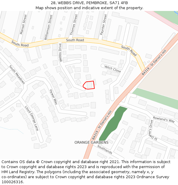 28, WEBBS DRIVE, PEMBROKE, SA71 4FB: Location map and indicative extent of plot