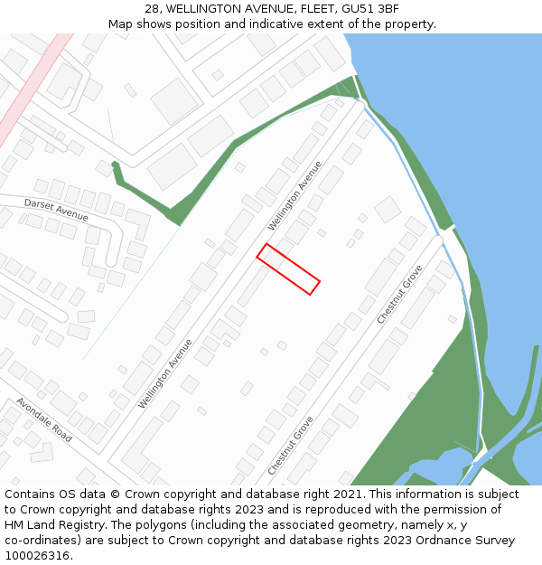 28, WELLINGTON AVENUE, FLEET, GU51 3BF: Location map and indicative extent of plot