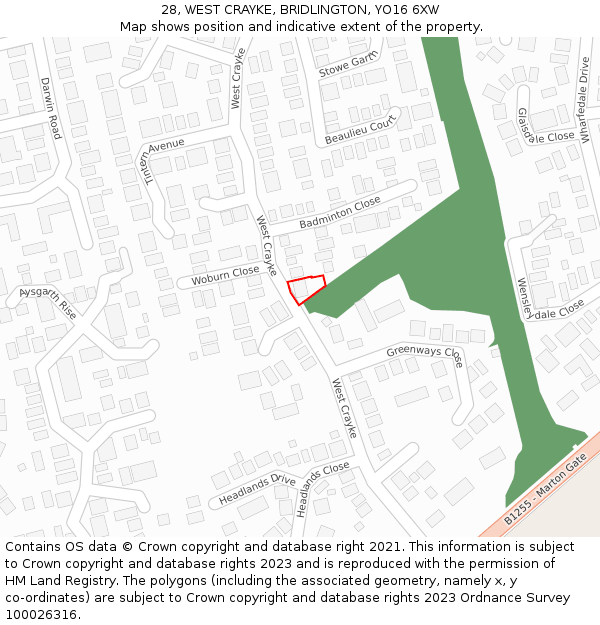 28, WEST CRAYKE, BRIDLINGTON, YO16 6XW: Location map and indicative extent of plot