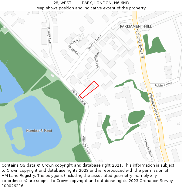 28, WEST HILL PARK, LONDON, N6 6ND: Location map and indicative extent of plot