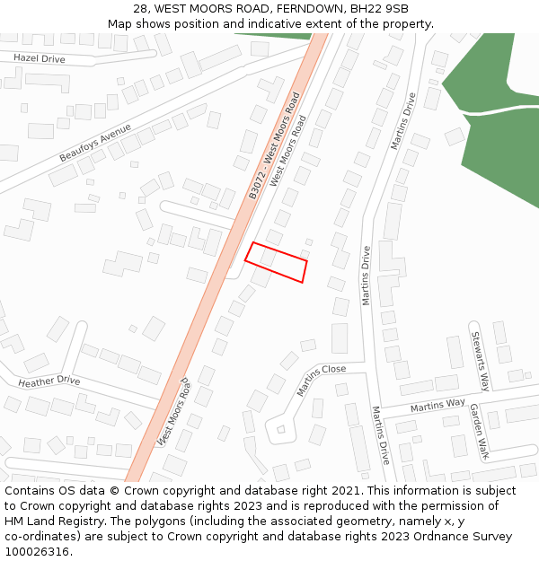 28, WEST MOORS ROAD, FERNDOWN, BH22 9SB: Location map and indicative extent of plot