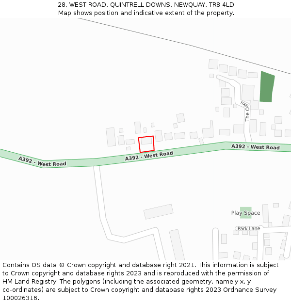 28, WEST ROAD, QUINTRELL DOWNS, NEWQUAY, TR8 4LD: Location map and indicative extent of plot