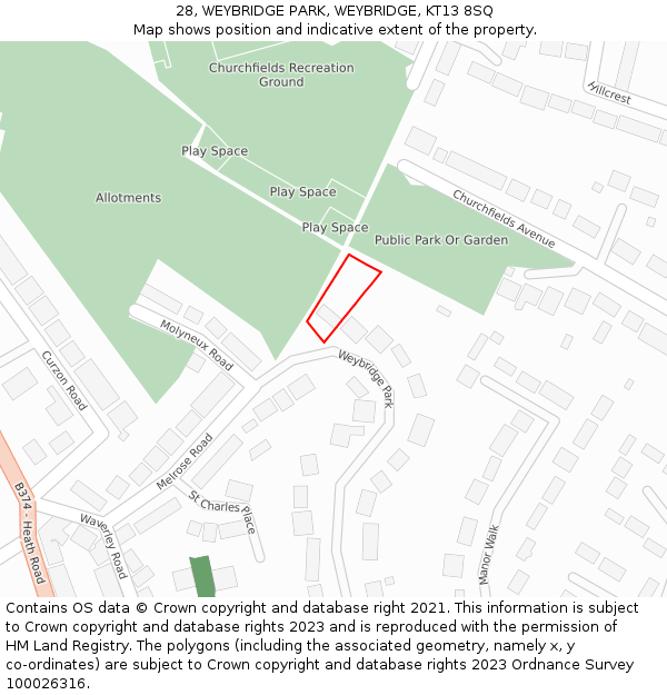 28, WEYBRIDGE PARK, WEYBRIDGE, KT13 8SQ: Location map and indicative extent of plot