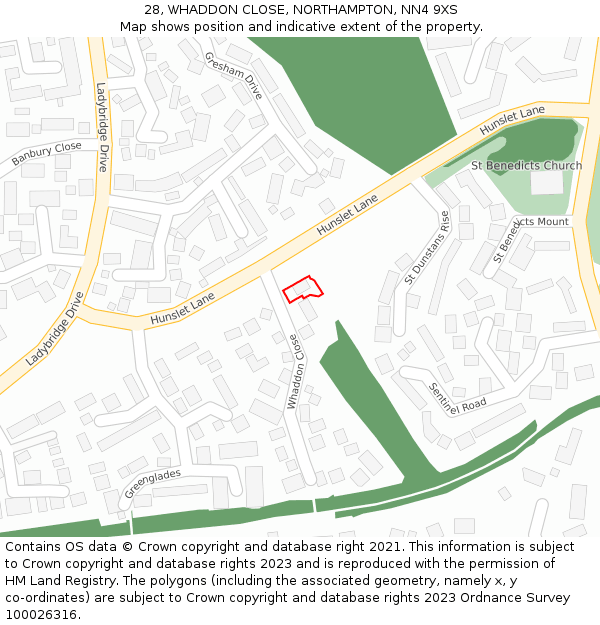 28, WHADDON CLOSE, NORTHAMPTON, NN4 9XS: Location map and indicative extent of plot