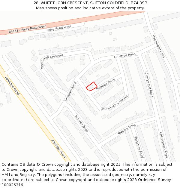 28, WHITETHORN CRESCENT, SUTTON COLDFIELD, B74 3SB: Location map and indicative extent of plot