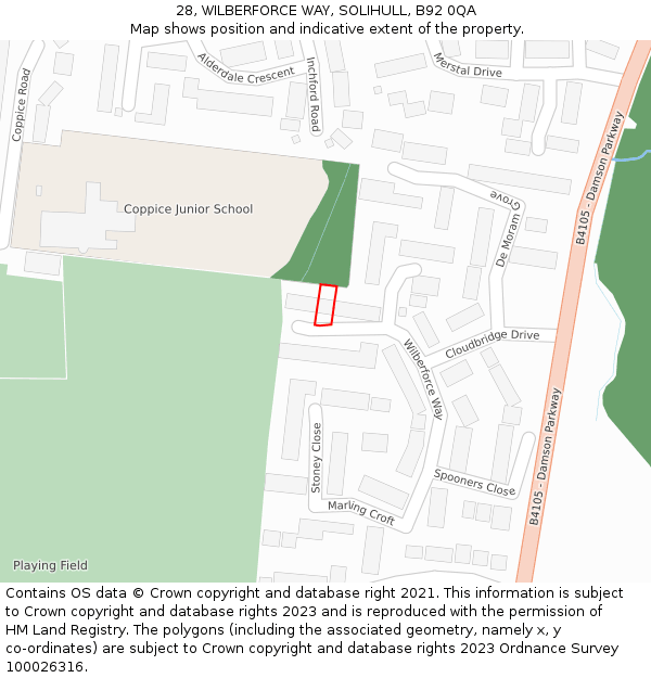 28, WILBERFORCE WAY, SOLIHULL, B92 0QA: Location map and indicative extent of plot