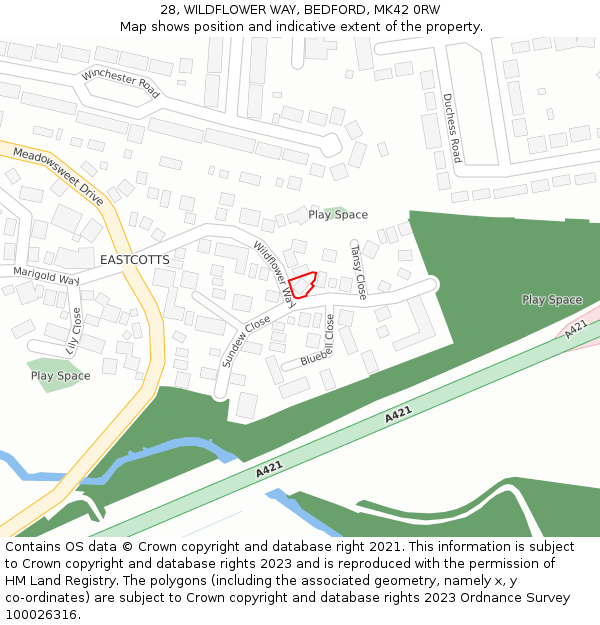 28, WILDFLOWER WAY, BEDFORD, MK42 0RW: Location map and indicative extent of plot