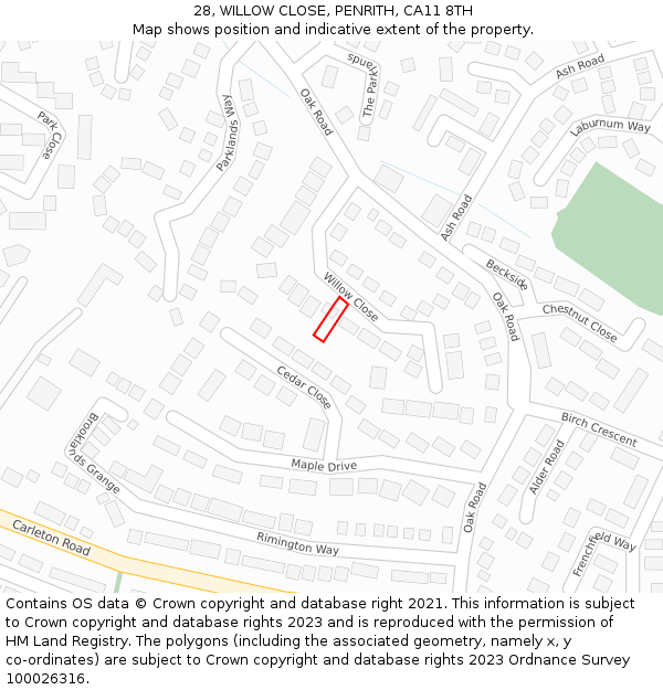 28, WILLOW CLOSE, PENRITH, CA11 8TH: Location map and indicative extent of plot