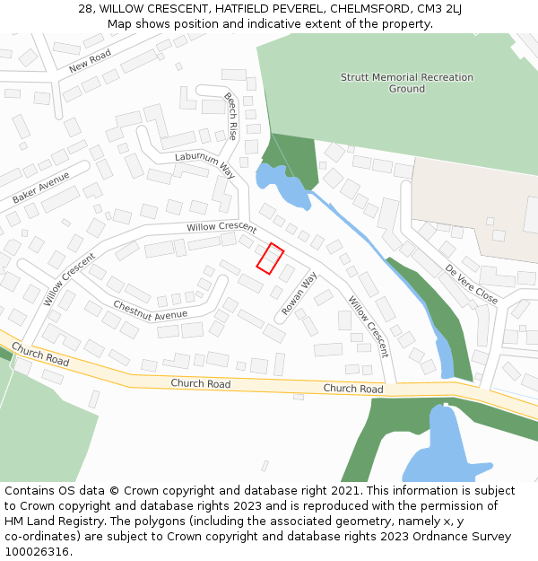 28, WILLOW CRESCENT, HATFIELD PEVEREL, CHELMSFORD, CM3 2LJ: Location map and indicative extent of plot