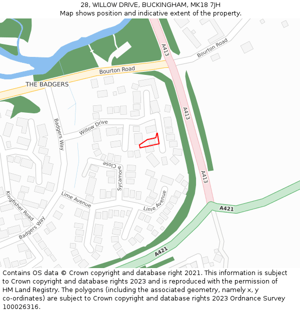 28, WILLOW DRIVE, BUCKINGHAM, MK18 7JH: Location map and indicative extent of plot