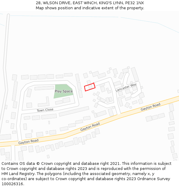 28, WILSON DRIVE, EAST WINCH, KING'S LYNN, PE32 1NX: Location map and indicative extent of plot