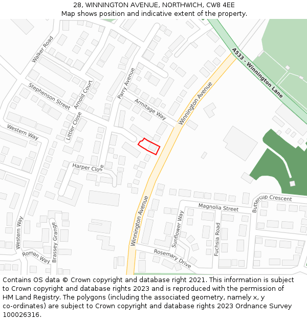 28, WINNINGTON AVENUE, NORTHWICH, CW8 4EE: Location map and indicative extent of plot