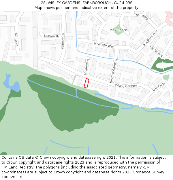 28, WISLEY GARDENS, FARNBOROUGH, GU14 0RS: Location map and indicative extent of plot