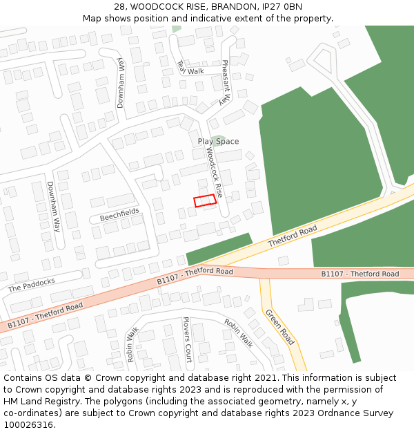 28, WOODCOCK RISE, BRANDON, IP27 0BN: Location map and indicative extent of plot