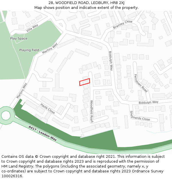 28, WOODFIELD ROAD, LEDBURY, HR8 2XJ: Location map and indicative extent of plot