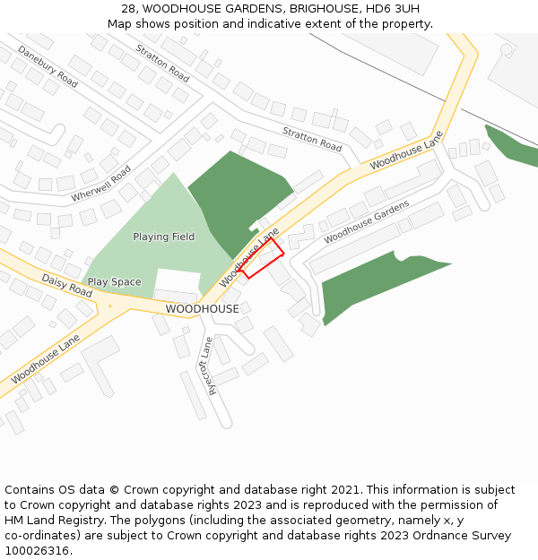 28, WOODHOUSE GARDENS, BRIGHOUSE, HD6 3UH: Location map and indicative extent of plot