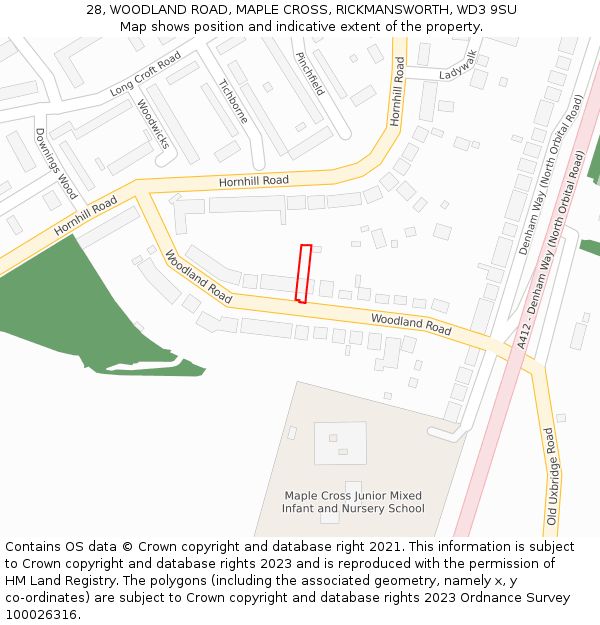 28, WOODLAND ROAD, MAPLE CROSS, RICKMANSWORTH, WD3 9SU: Location map and indicative extent of plot