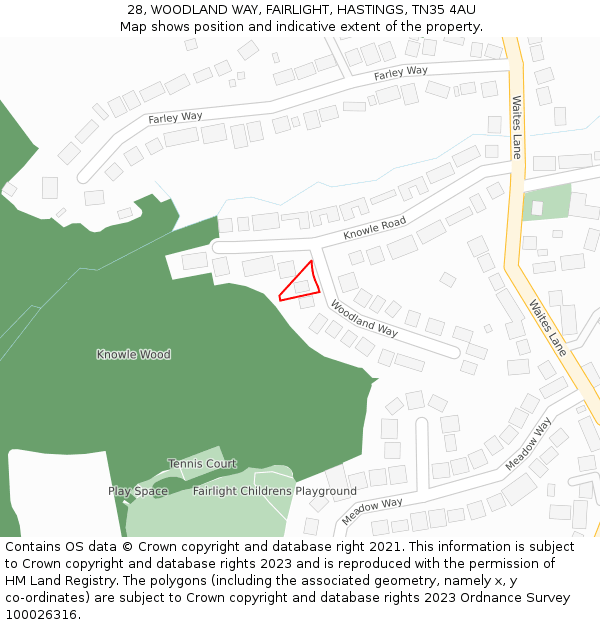 28, WOODLAND WAY, FAIRLIGHT, HASTINGS, TN35 4AU: Location map and indicative extent of plot